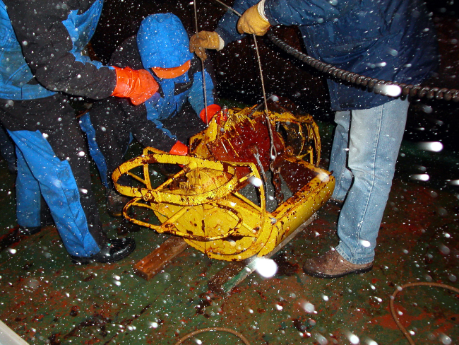 AMLR scientists deploy a Smith-McIntyre grab, or mud grabber, used fortaking benthic samples, during a snow storm at night