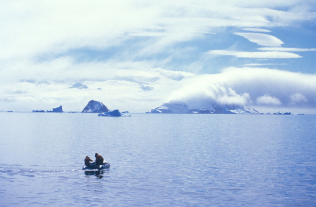 Two AMLR scientists in a Zodiac, South Shetland Islands, Antarctica