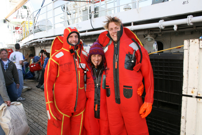 The aft deck of the R/V Yuzhmorgeologiya during a safety drill 