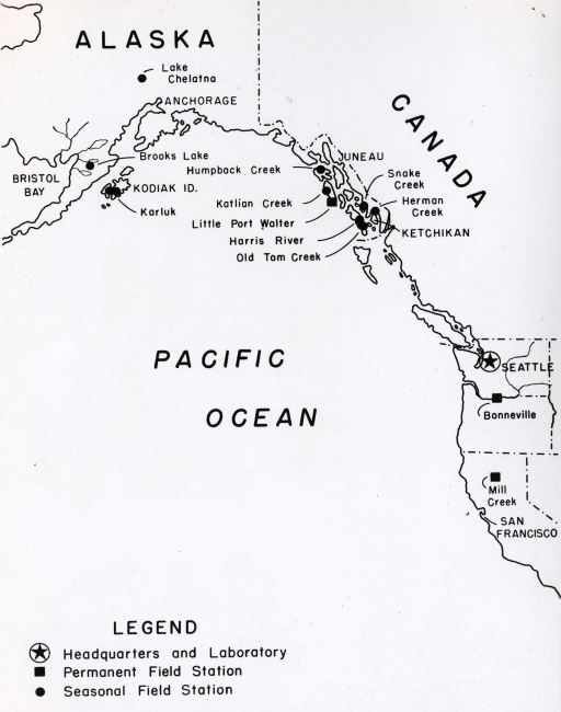Map of Pacific Coast showing the various salmon research stations of the Branchof Fishery Biology