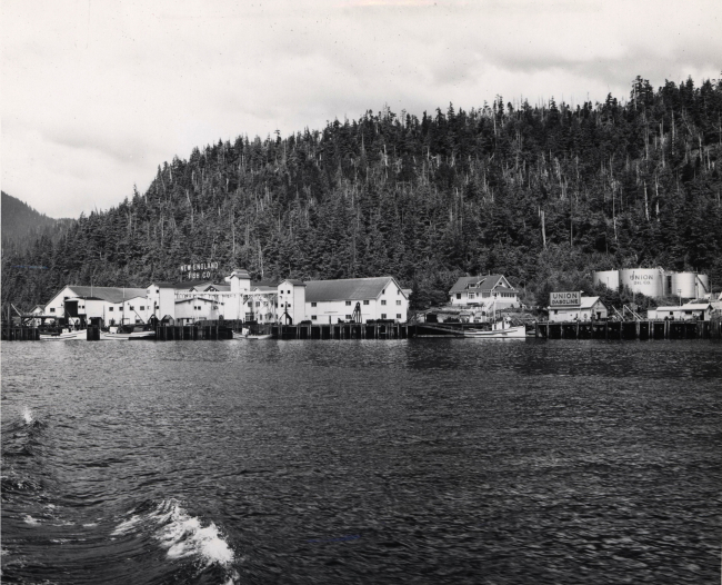 Shoreline view of Ketchikan with New England Fish Company salmoncannery and Union Oil fuel facility