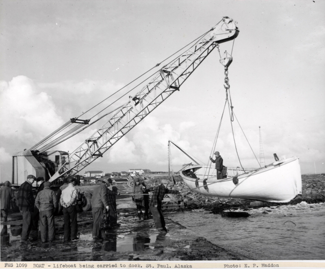 Lifeboat being launched to obtain supplies from FWS ship DENNIS WINN