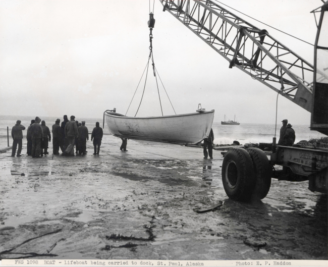 Lifeboat being launched to obtain supplies from FWS ship DENNIS WINN