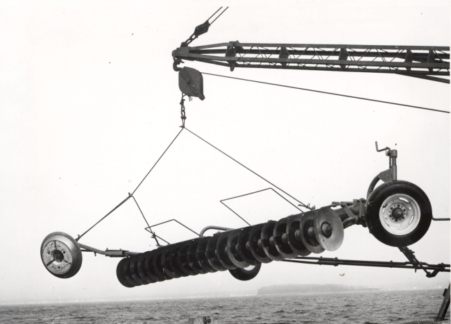 Underwater plow, used in control of oyster predators, ready to be lowered