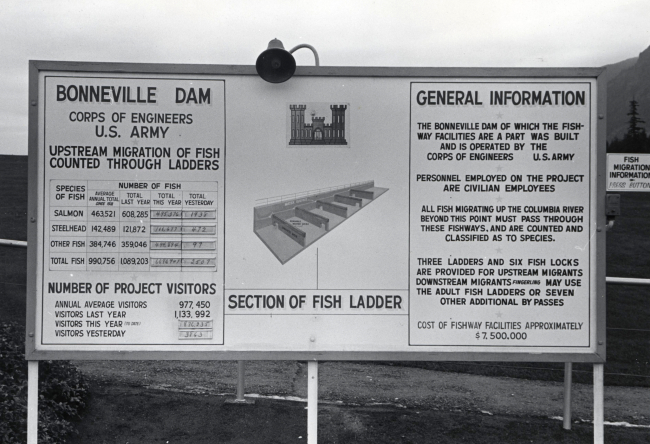 Bonneville Dam - sign erected by Corps of Engineers giving fishstatistics for passing of dam and people statistics for folks visiting dam