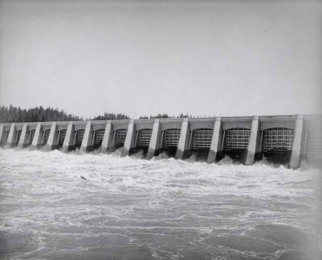 An indication of the power of the Columbia River is demonstrated in thisphoto of the downstream side of the dam