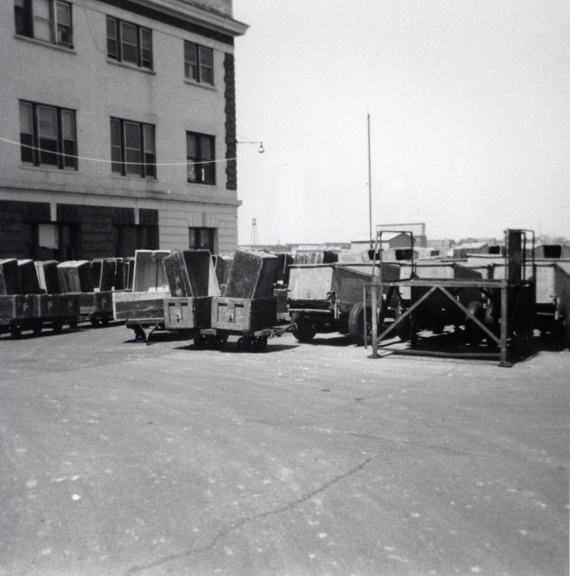 Boxes and carts used to unload fish at the Boston Fish Pier