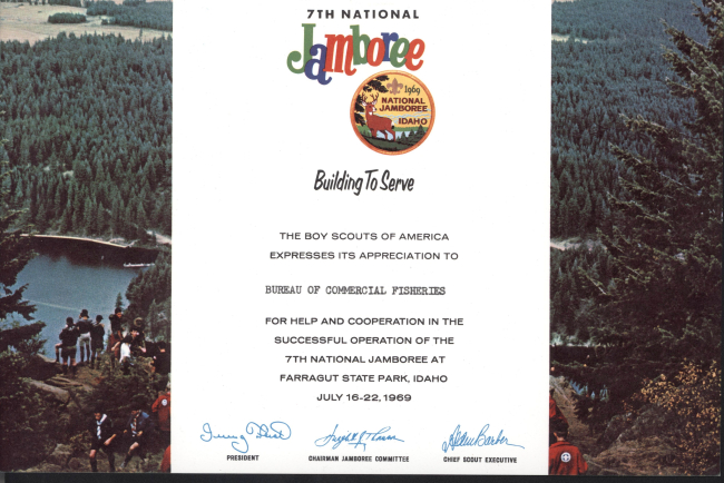Certificate of appreciation from Boy Scouts of America for participation in the 7th National Jamboree in Coeur d'Alene, Idaho