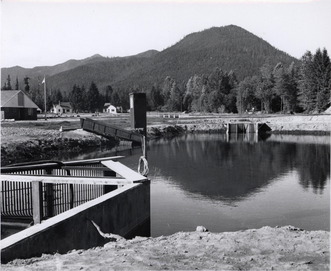 Dirt holding pond for adult salmon at Carson National Fish Hatchery