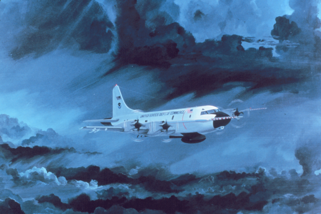 Artist's rendition of NOAA WP-3D flying in storm