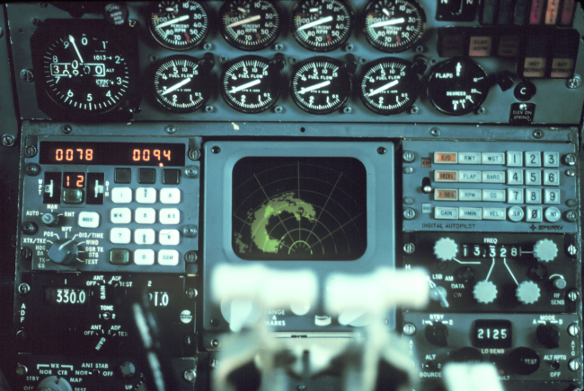 Cockpit radar display showing proximity to hurricane center