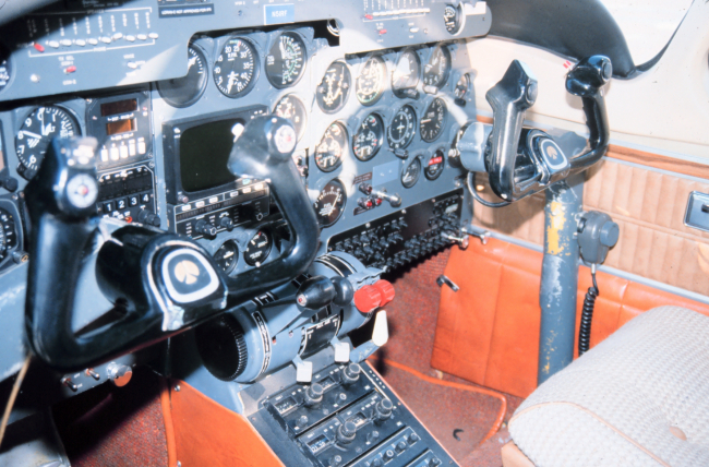 Cockpit and control panel of NOAA Rockwell International 500-S Shrike Commanderused for snow survey