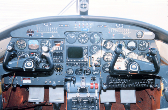 Cockpit and control panel of NOAA Rockwell International 500-S Shrike Commanderused for snow survey