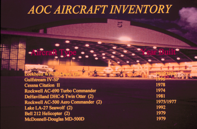 NOAA hangar at MacDill Air Force Base with listing of AOC AircraftInventory