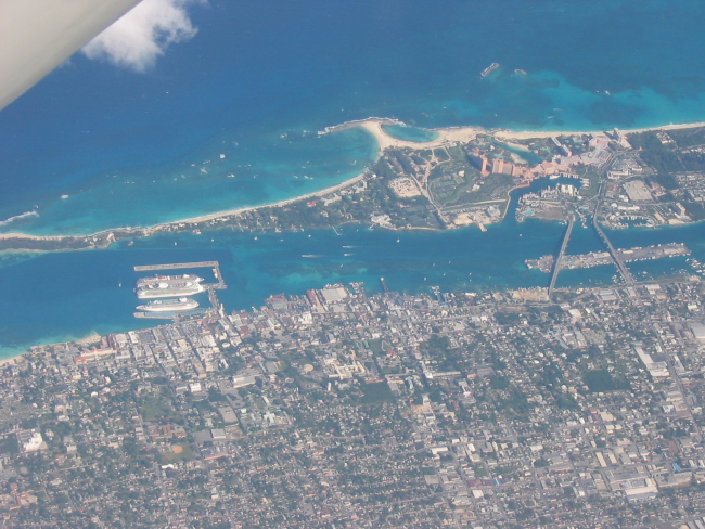 Flying over Nassau, Bahama Islands, during mission to Tropical DepressionOdette
