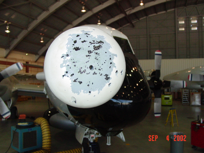 Hail battered BAT (Best Aircraft Turbulence) probe on NOAA P-3 N43RF