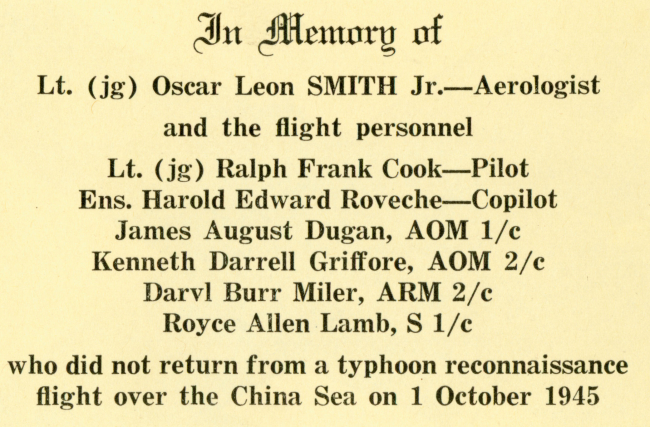 A eulogy for some of the earliest tropical storm reconnaissance personnel thatlost their lives on October 1, 1945