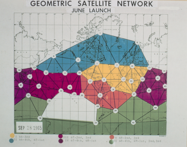 Different colors on map display different phases of satellite triangulationprogram