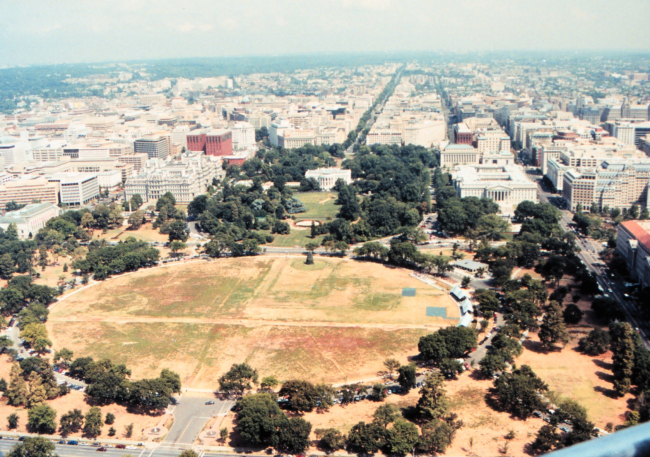 Looking N from the top of the Washington Monument with the Ellipsein the foreground and the White House in the center