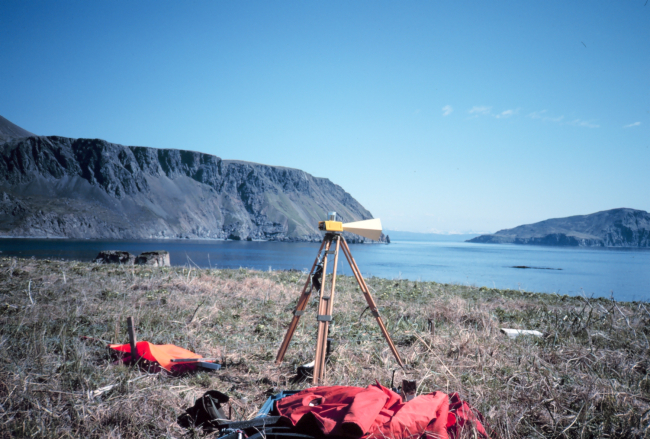 Electronic distance measurement instrument Tellurometer CA1000Sutwik Island in right background