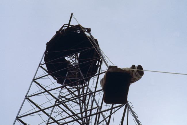 Observer's equipment being hoisted to the top of the observer's platform