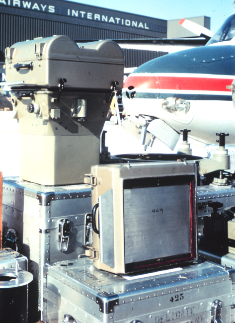 Photogrammetric camera Wild RC-8 and other associated equipment ready forinstallation on Turbocommander at Dulles International Airport