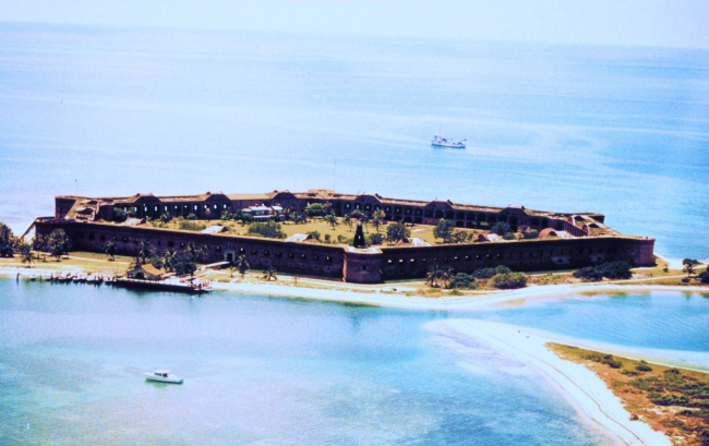 Aerial view of Fort Jefferson with NOAA Ship FERREL anchored offshore in background