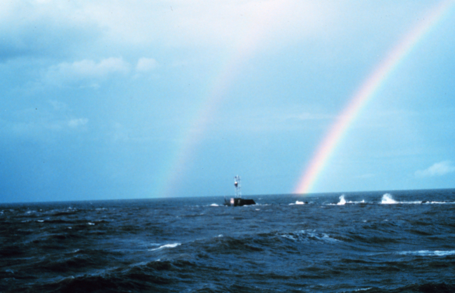 A double rainbow off the breakwater at the entrance to the Calcasieu River
