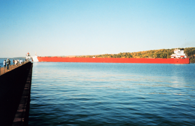 Iron ore carrier departing Two Harbors area on Lake Superior