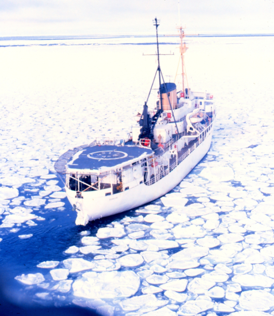 The NOAA Ship SURVEYOR picking its way through the ice