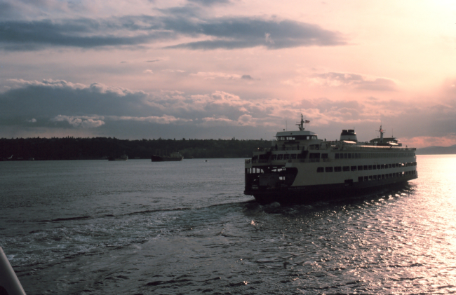 A ferryboat plying Puget Sound in the late afternoon