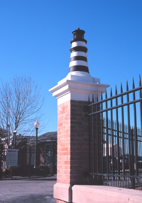 A decorative lighthouse graces the entrance to the United States Coast GuardBase at Charleston