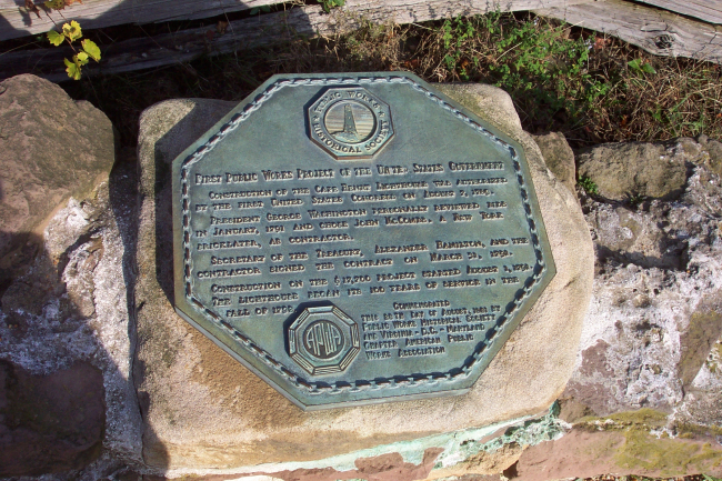 Plaque commemorating Old Cape Henry Lighthouse, the first public works project undertaken by the United States Government in 1791 andwas completed in 1792