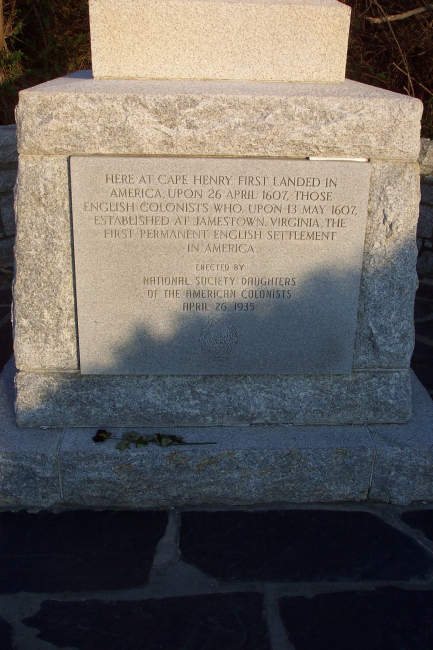 Close-up view of plaque commemorating first English colonists who landed atCape Henry on April 26, 1607