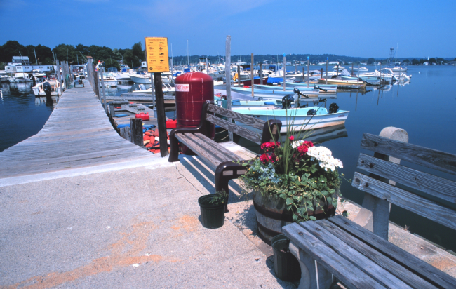 Small recreational fishing boats for rent at Mystic Harbor