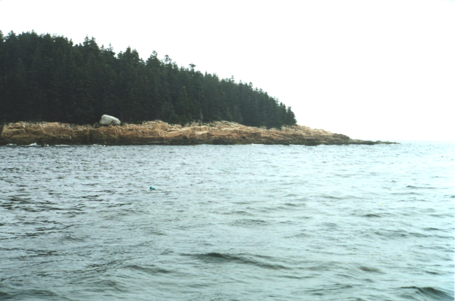 Glacial erratic boulder (white boulder in left center) trapped on erodinggranite shoreline