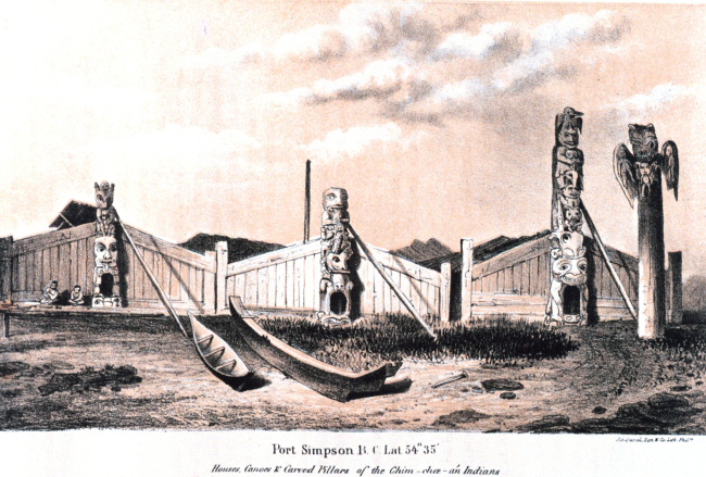 Native dwellings and totem poles at Port Simpson, British Columbia