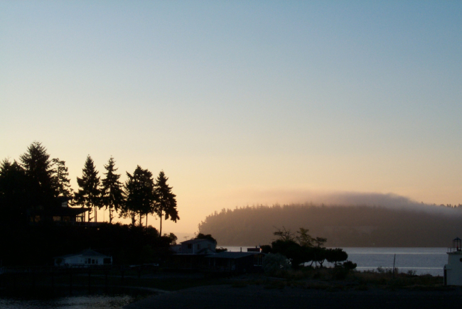 Looking over the spit at Gig Harbor to a fog-enshrouded Point Defiance