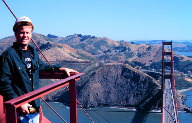 Richard Bourgerie of the NOAA NOS CO-OPS office atop the south tower of theGolden Gate Bridge on a glorious fall day