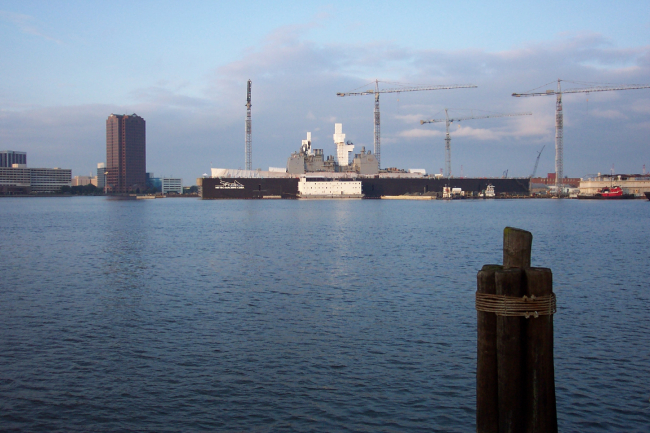 A navy ship in drydock at Norfolk as seen from Portsmouth