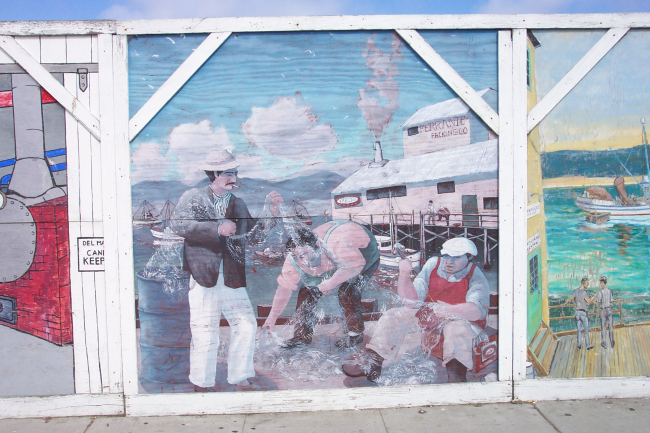 Waterfront art at a construction site commemorating the Cannery Row of the1930's and 1940's