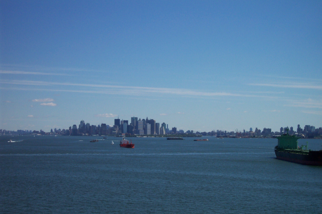 New York skyline as seen from the bridge of the containership SEALANDCOMMITMENT after passing through Verrazano Narrows