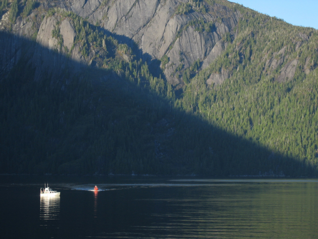 NOAA Ship RAINIER survey launch and RHIB returning to ship at end of day'swork in the Rudyerd Bay area