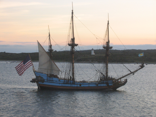 Delaware's tall ship, the KALMAR NYCKEL, sailing into the sunset