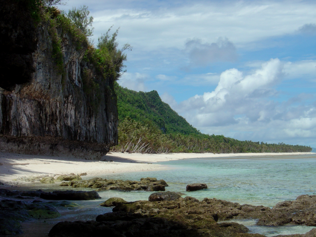 Eroding coral rock, wave undercut cliffs, pristine beach, palm trees, andjungle on Guam