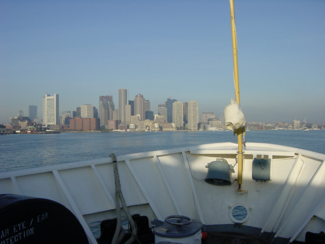 The Boston skyline as seen from the bridge of the NOAA Ship WHITING