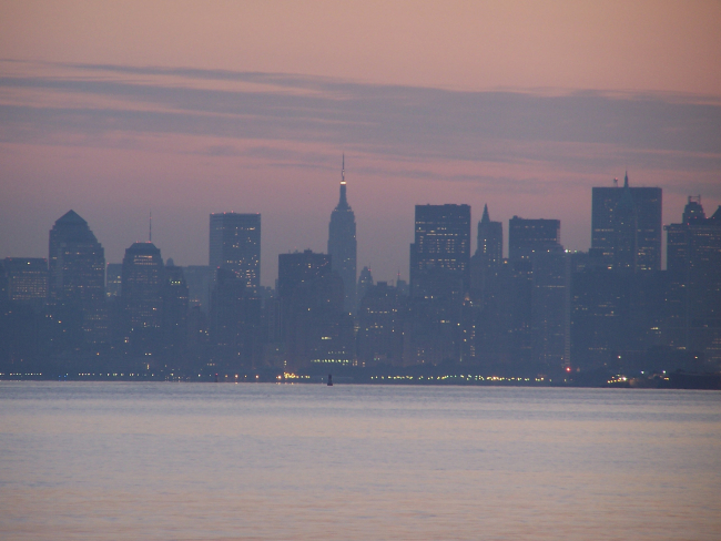 The skyline of New York City on a hazy evening