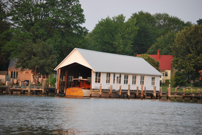 A boat house (garage for floating vehicles) along the Chesapeake Bay