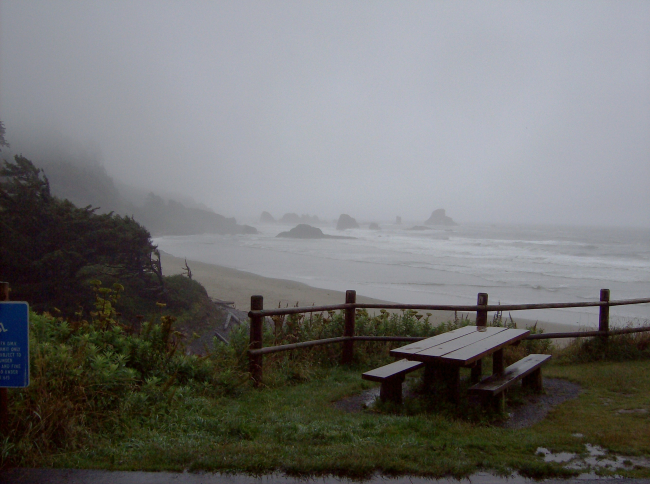 A lonely picnic table covered by mist and fog at Ecola State Park