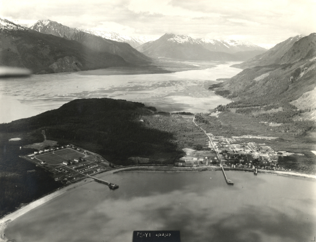Aerial photograph looking west up the Chilkoot Inlet